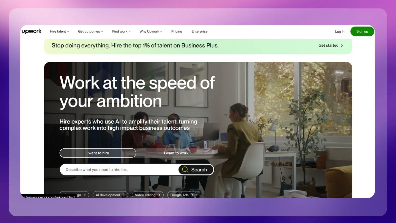 upwork website showing its freelance platform for finding work and connecting with clients