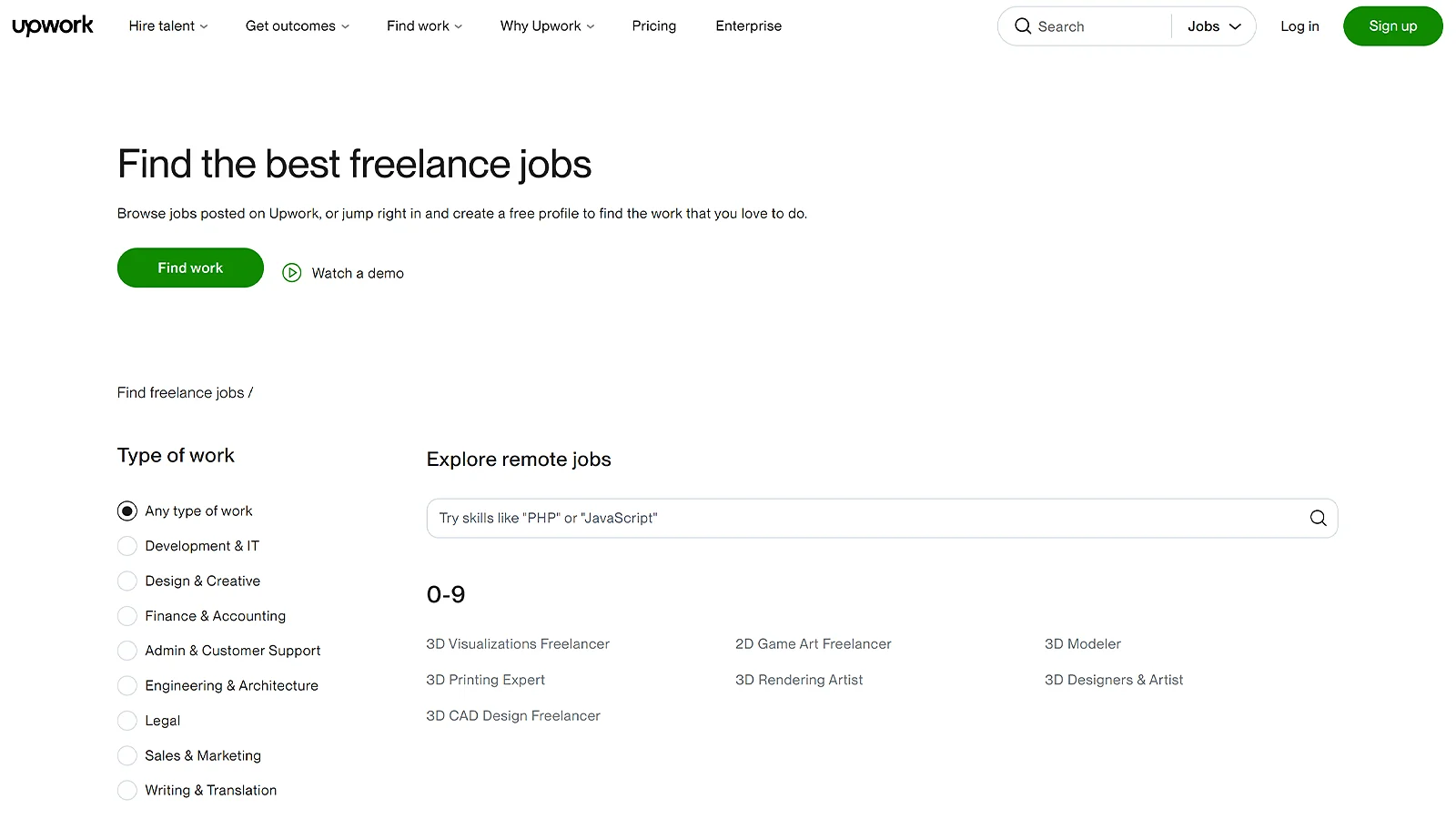 Upwork freelance jobs search page showing work categories and remote jobs search bar