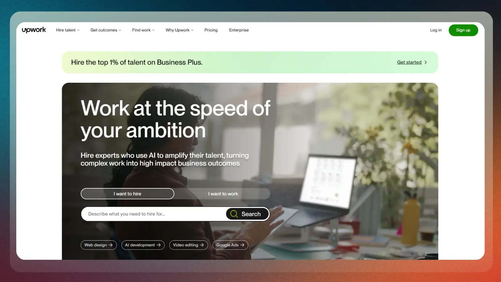 upwork website showing a platform for hiring experts and finding freelance work