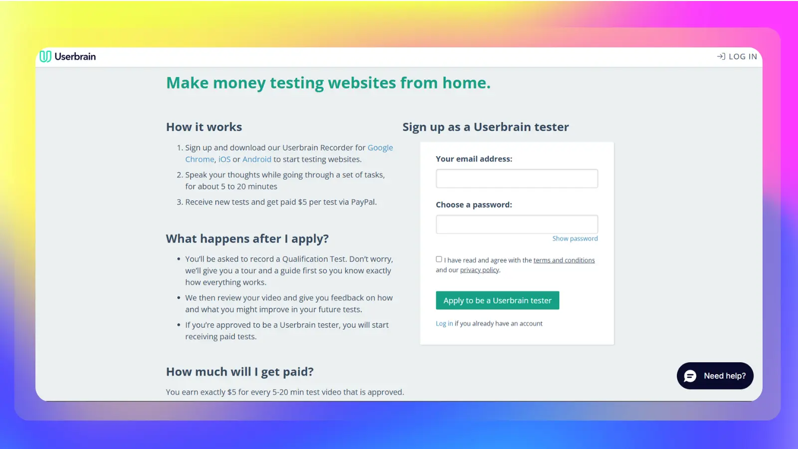 userbrain website showing how to make money testing websites from home
