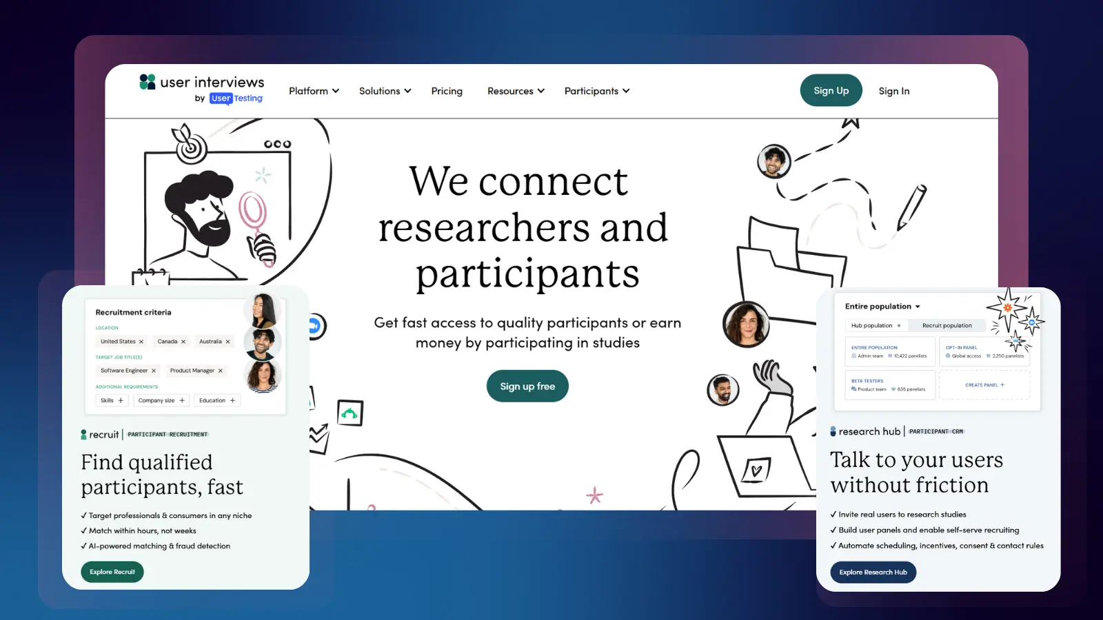 User Interviews website connecting researchers with participants for paid research studies, interviews, and user testing