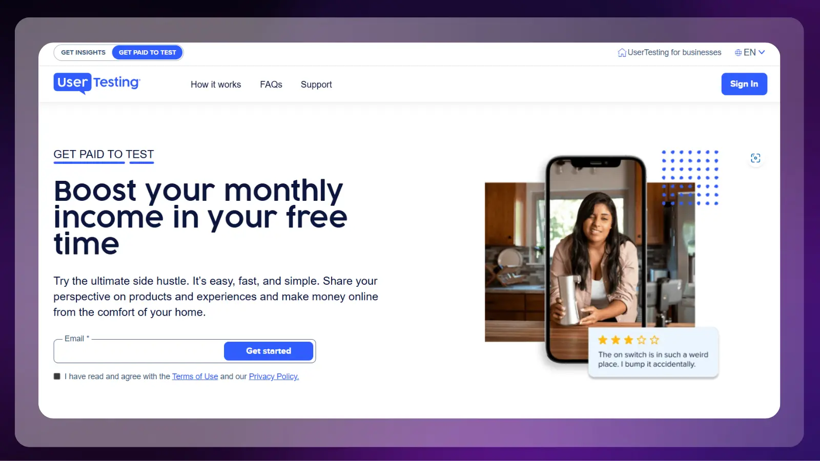 usertesting website promoting paid testing opportunities, where users can share their opinions and experiences with products to earn money online