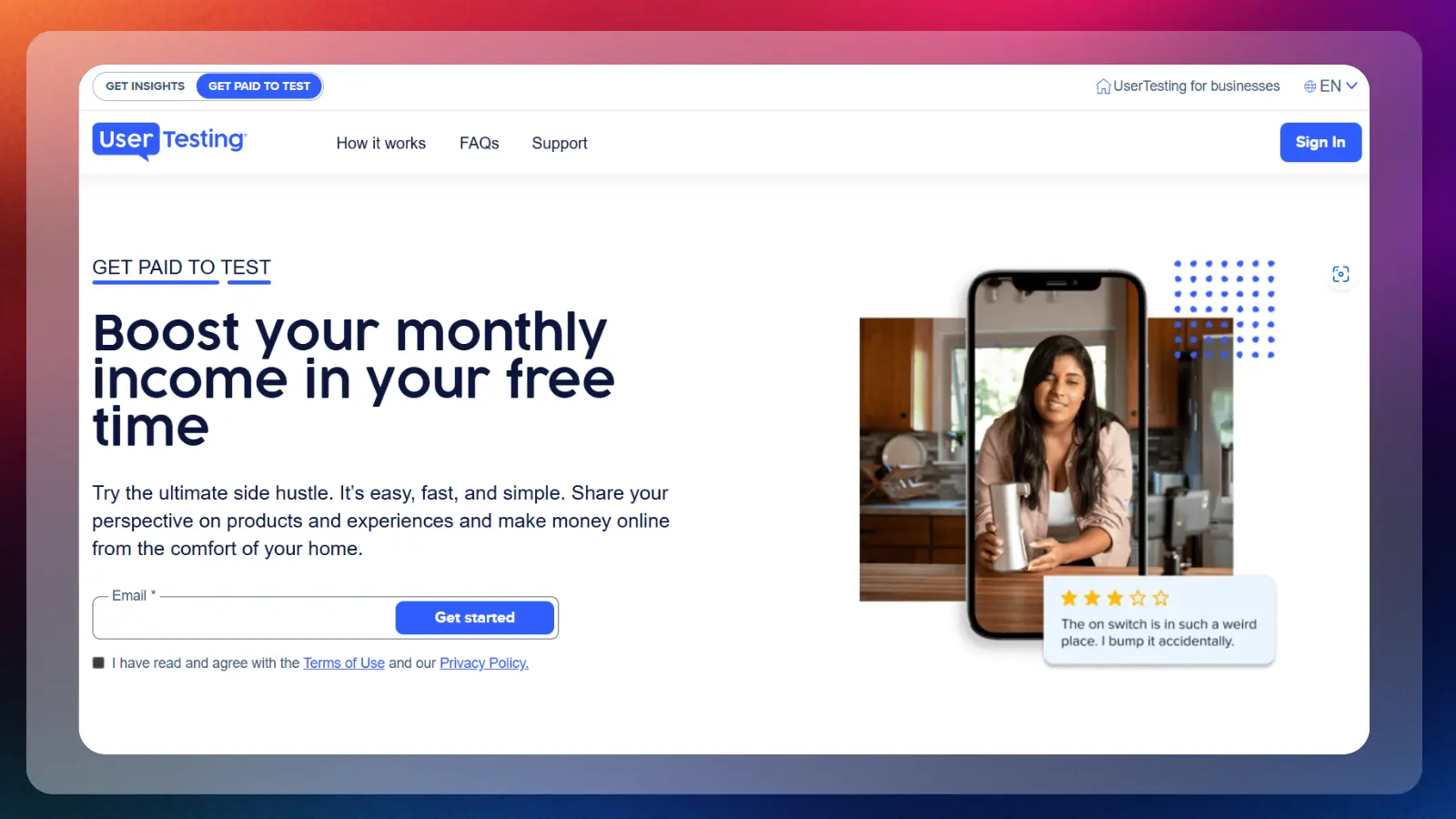 UserTesting website promoting paid testing opportunities