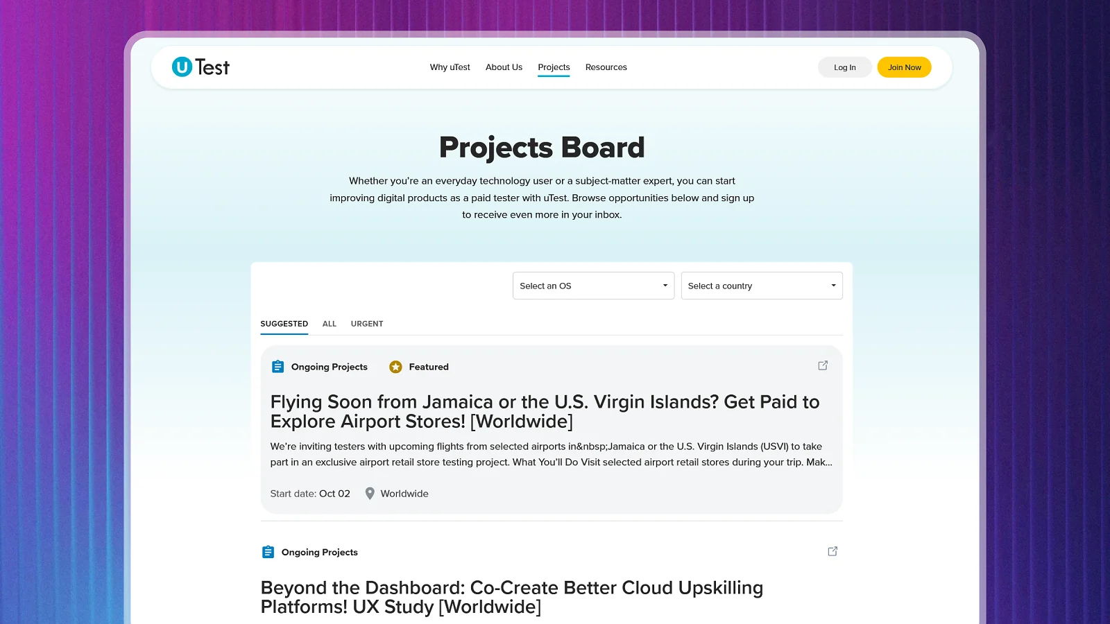 utest website showing projects board