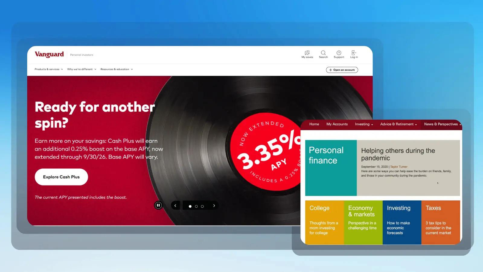 vanguard website showing savings investment and personal finance resources