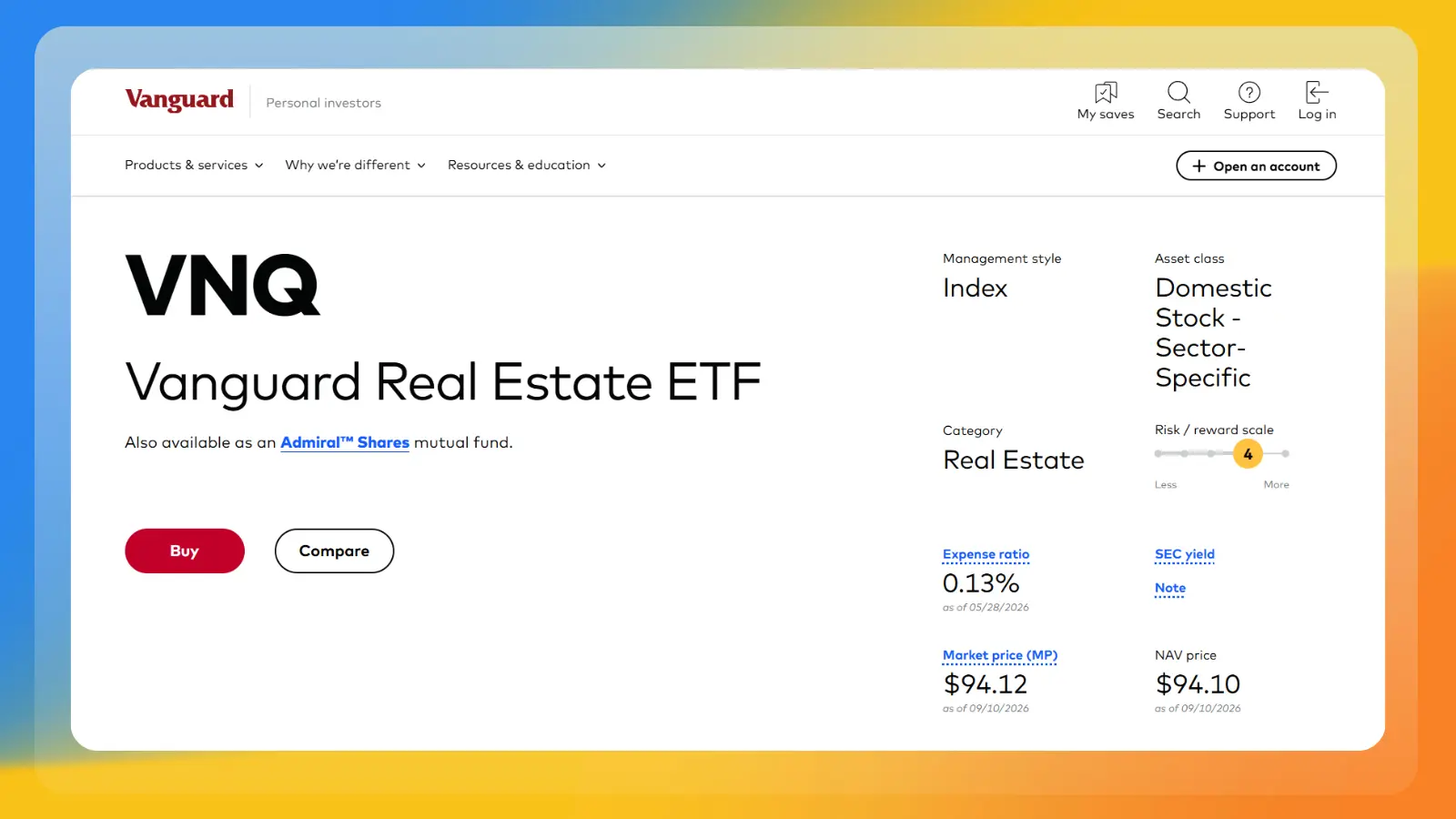 Página web de Vanguard en la que se muestra un ETF inmobiliario con información sobre la inversión