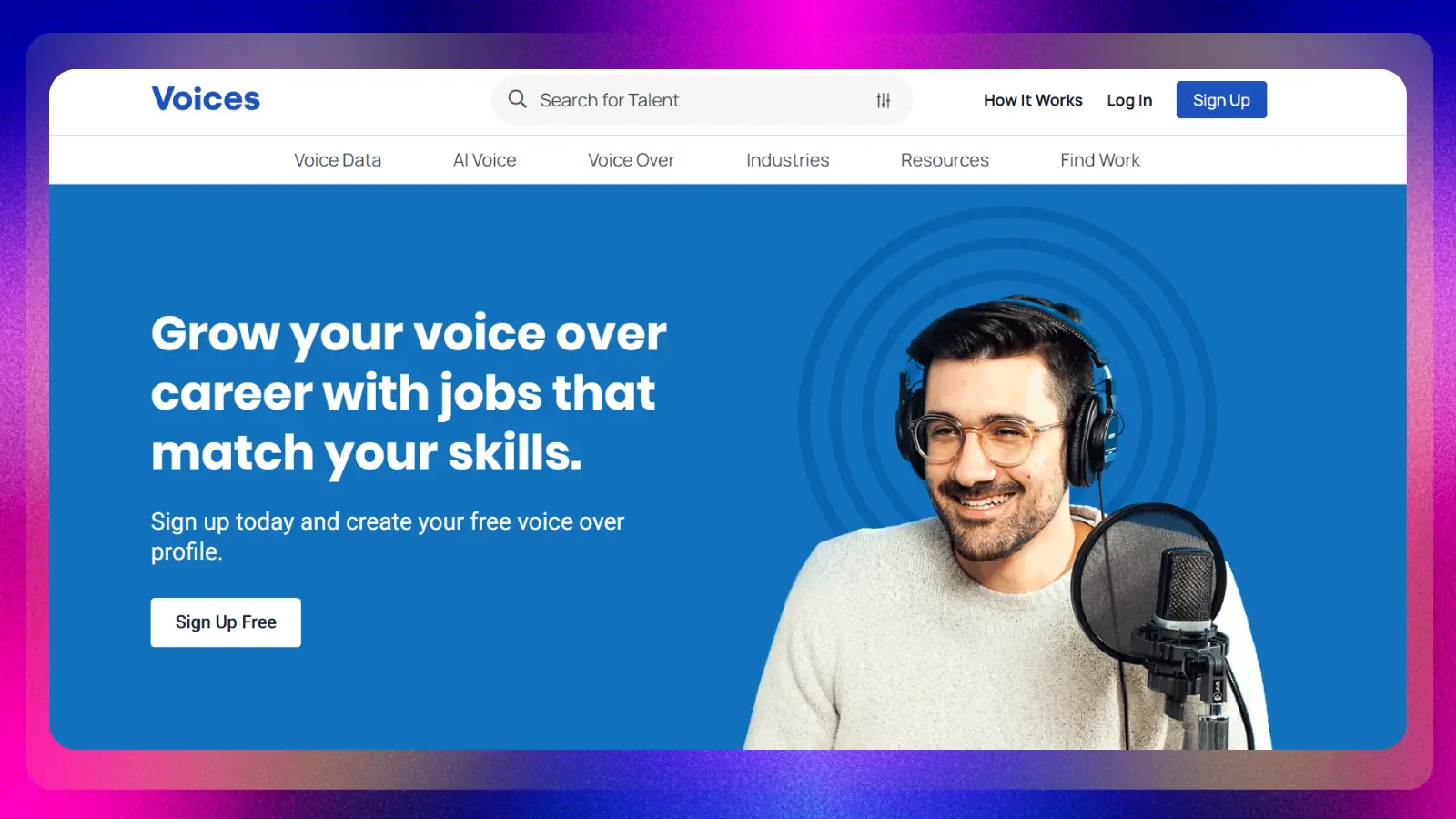 voices website showing voice over jobs and opportunities for voice talent