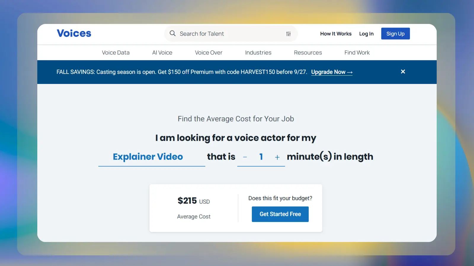 voices website showing voice over services and average job costs