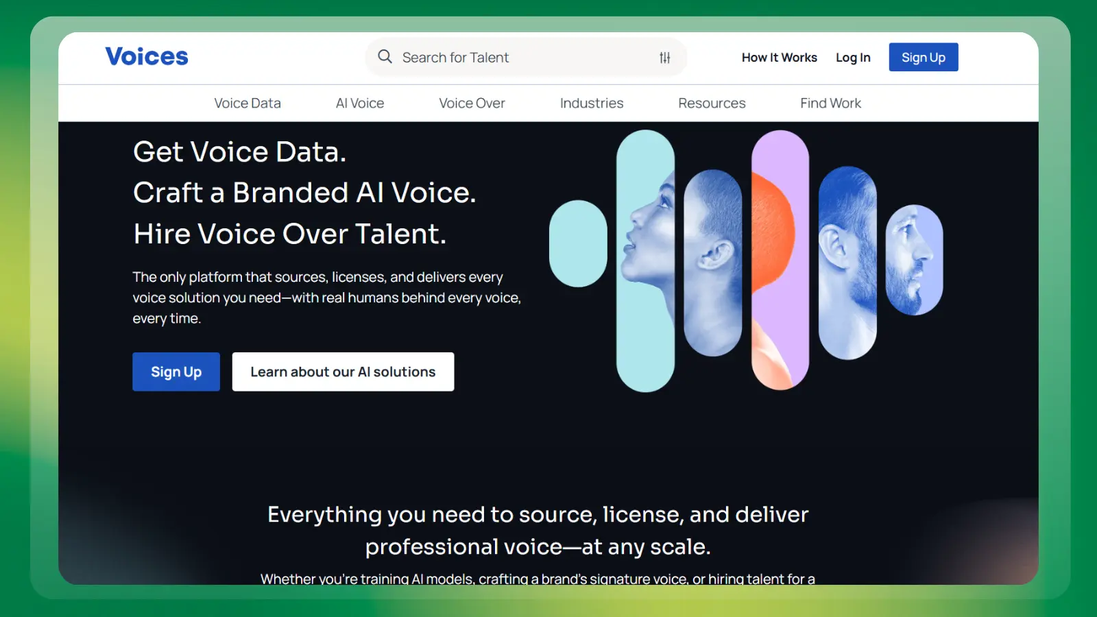 voices website showing voice data ai voice and voice over talent services
