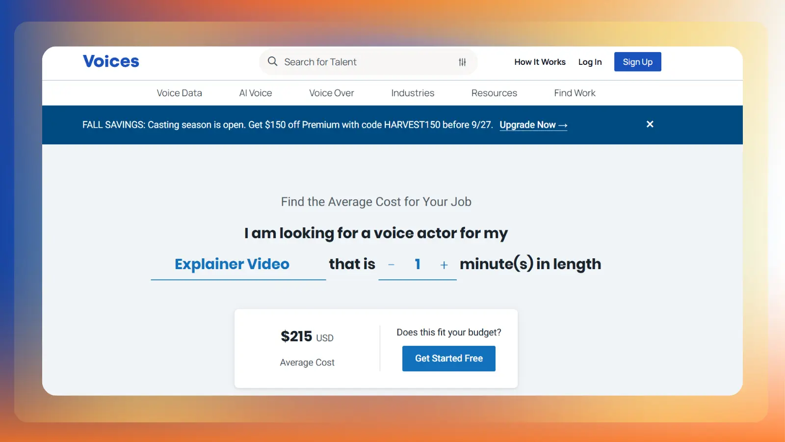 voices website showing voice actor job pricing and average costs
