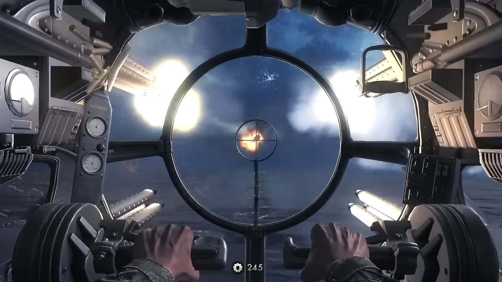 First-person combat inside a military aircraft, with an enemy visible through the circular sight.