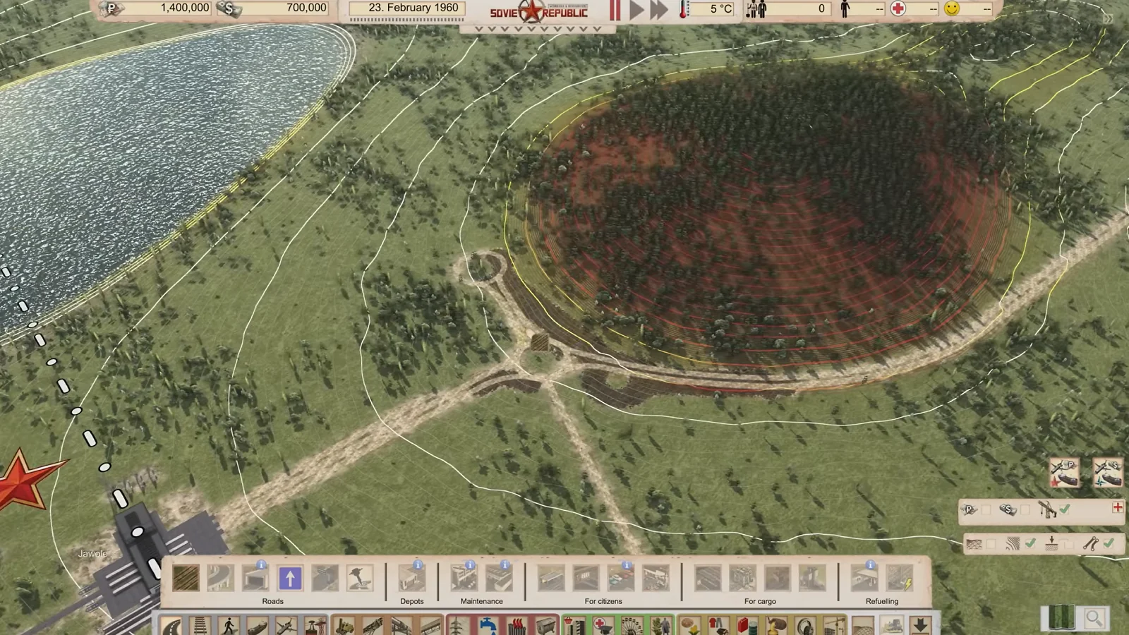 Workers & Resources: Soviet Republic gameplay showing terrain planning and road construction near a forest.