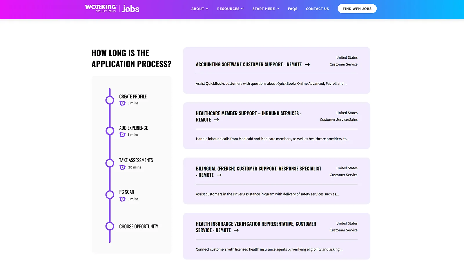 Working Solutions remote customer service jobs board and application timeline
