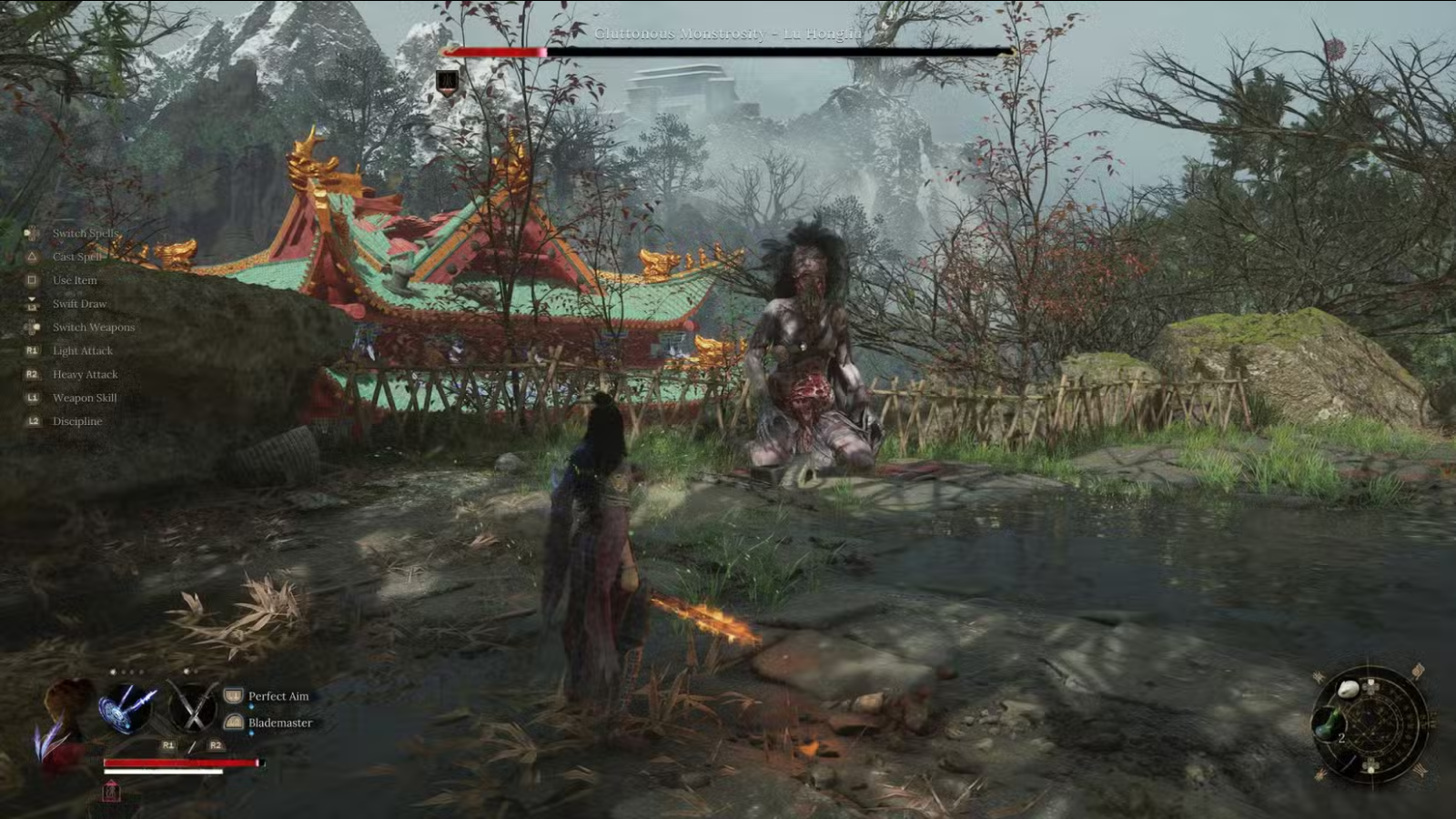 Wuchang: Penas Caídas — Bai Wuchang está junto a um templo, com uma espada em chamas na mão, a preparar-se para lutar contra um feiticeiro