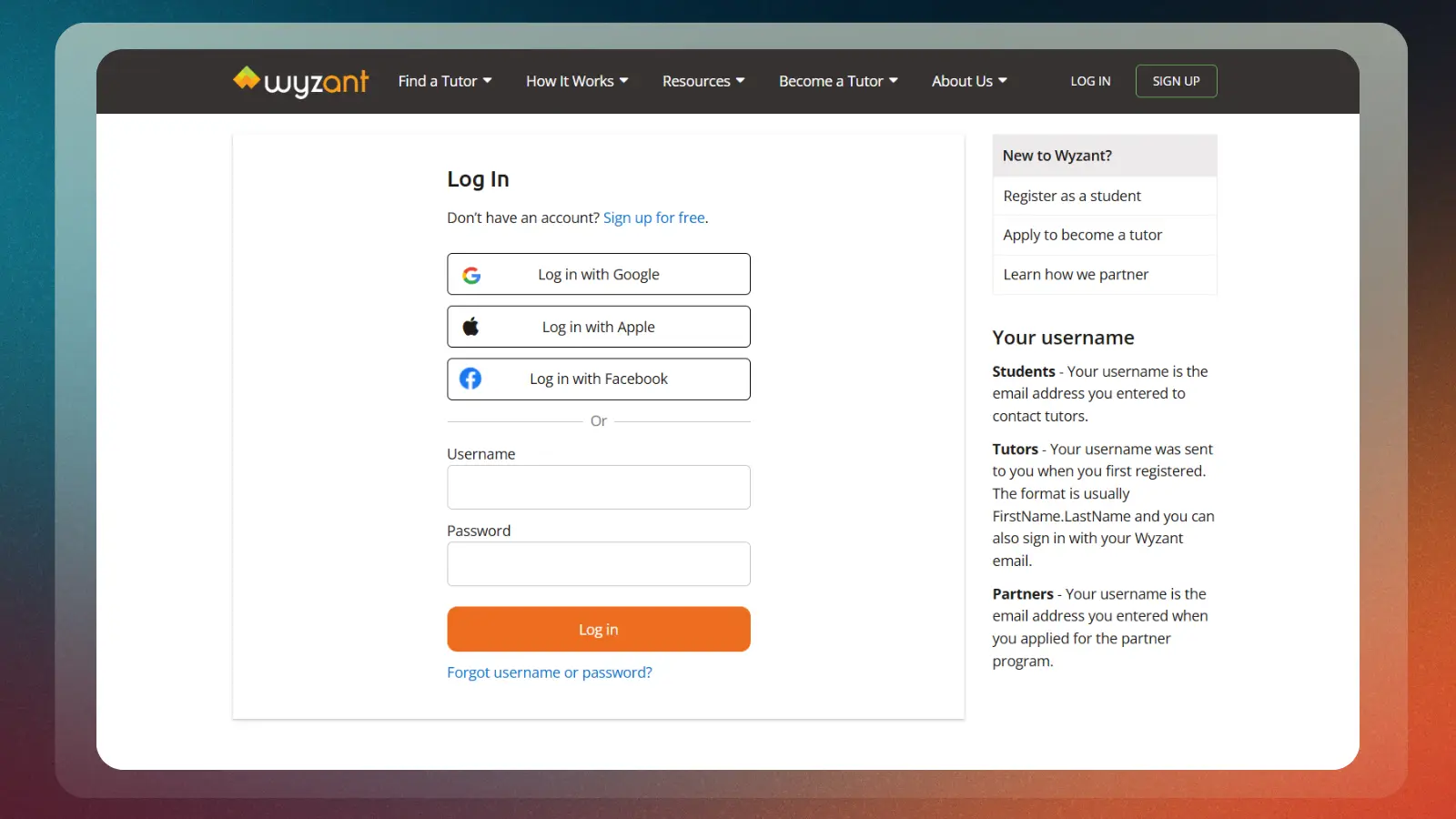 wyzant website showing the tutor login page and options to become a tutor