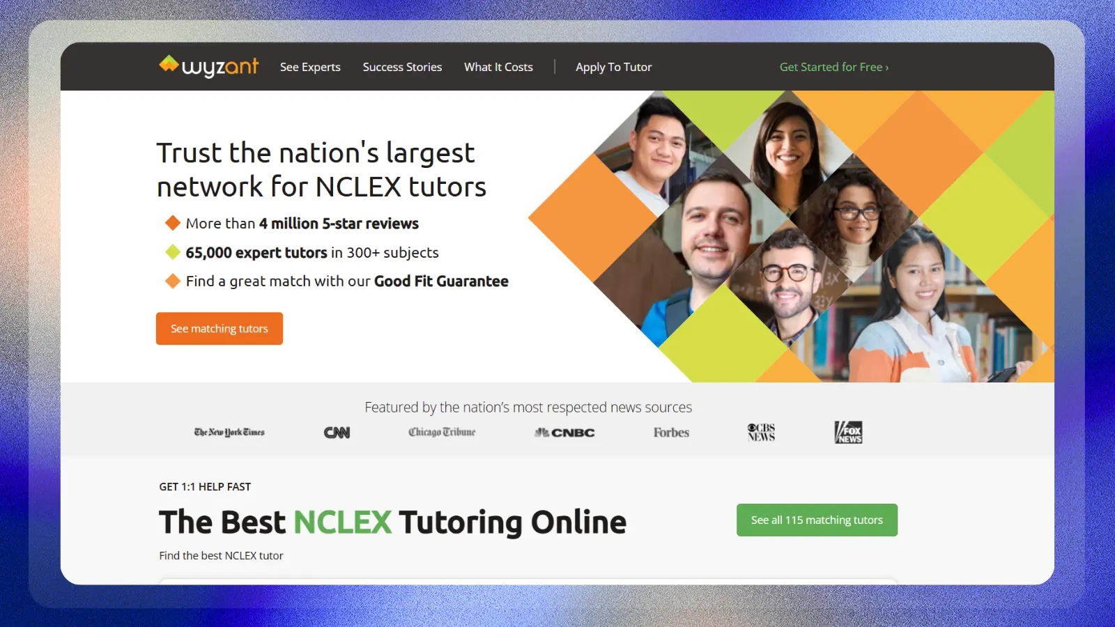 wyzant website showing online nursing tutors and nclex tutoring services