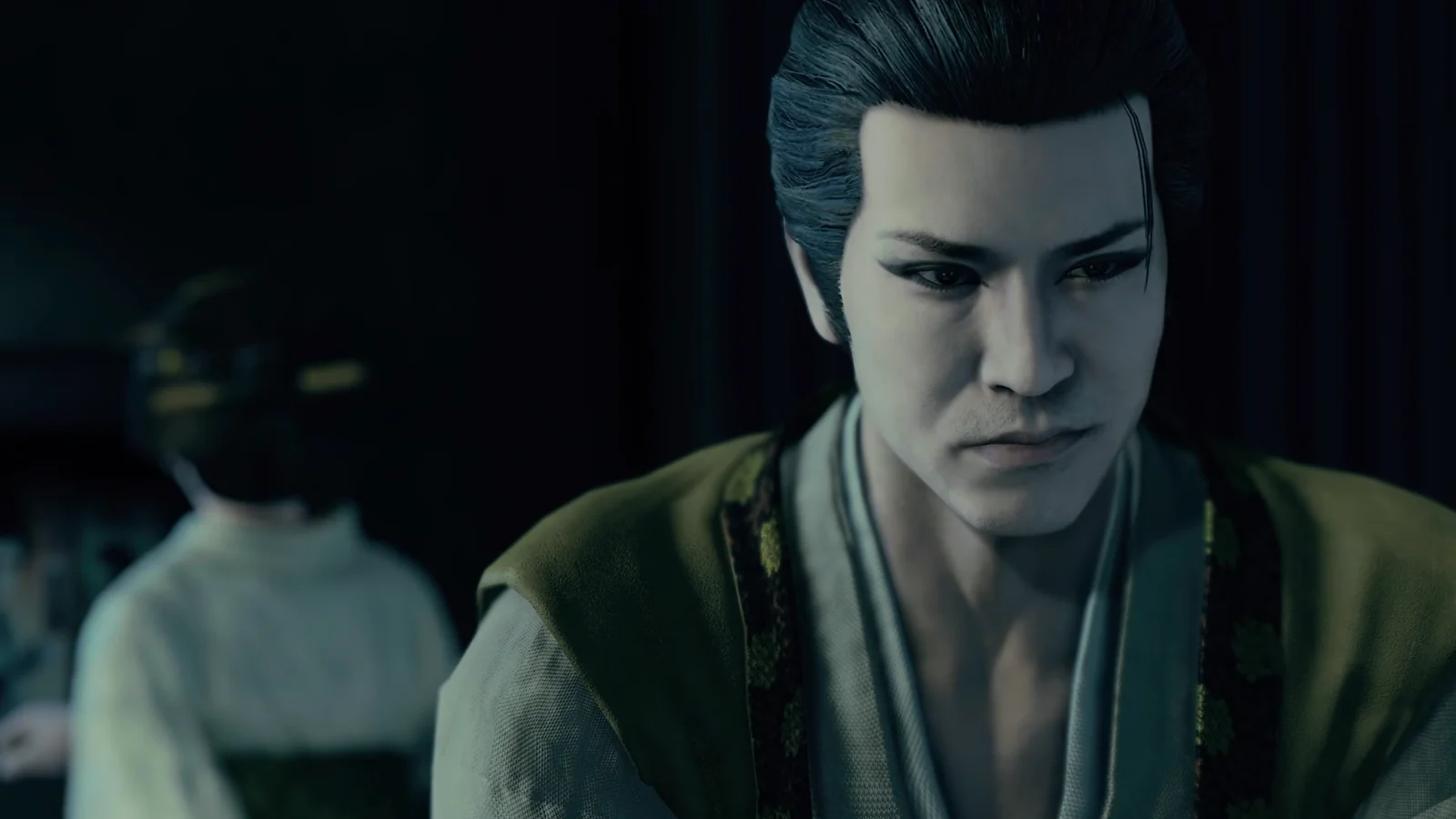Yakuza: Like a Dragon cutscene showing two characters in a dimly lit room.
