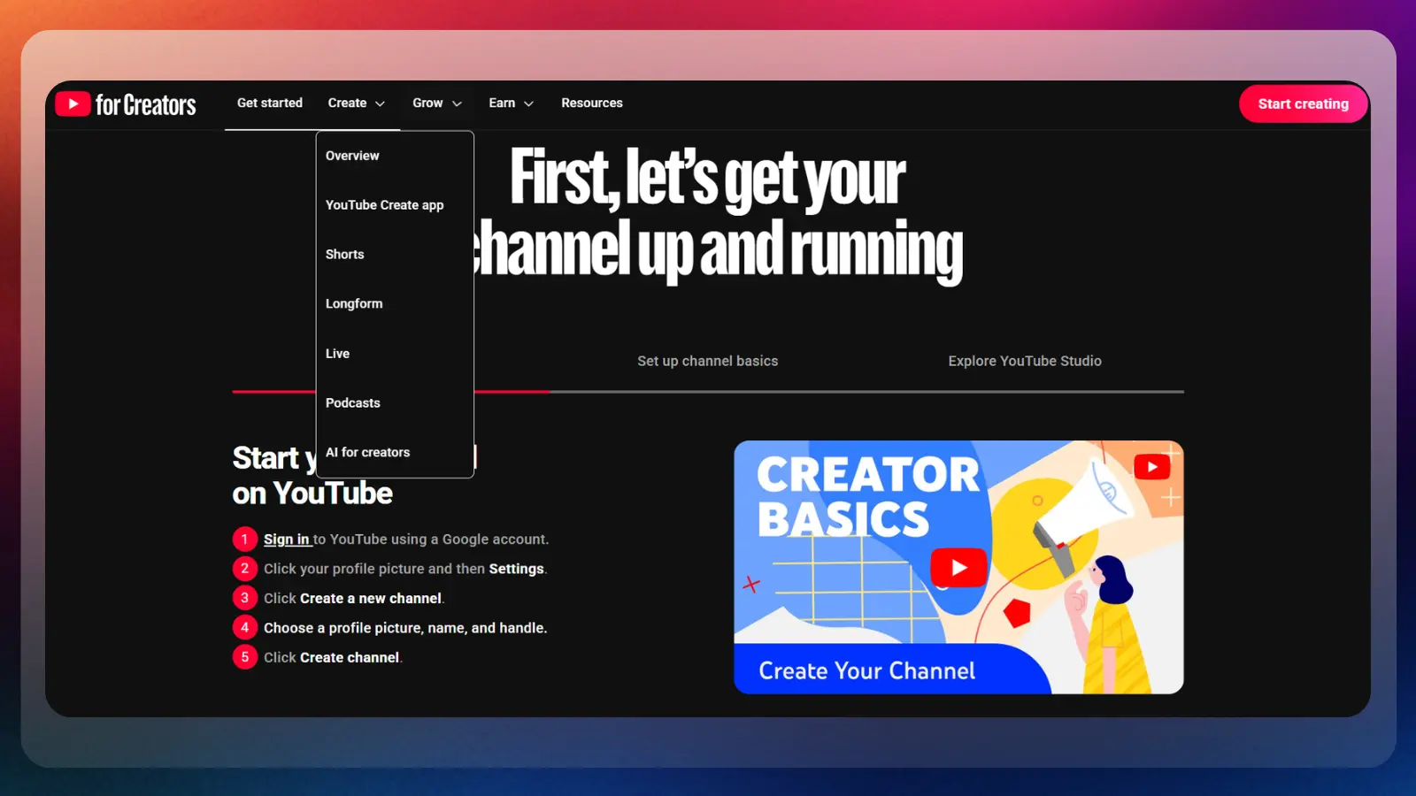 Página web de YouTube en la que se muestran la configuración del canal y las herramientas para creadores