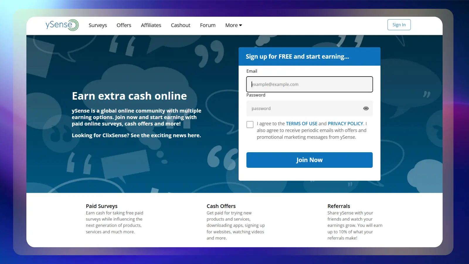 Página web de ysense, donde se muestran encuestas remuneradas, ofertas en efectivo y recompensas por recomendar a otros usuarios