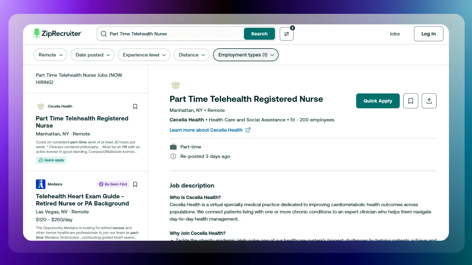 ziprecruiter website showing a part time telehealth registered nurse job