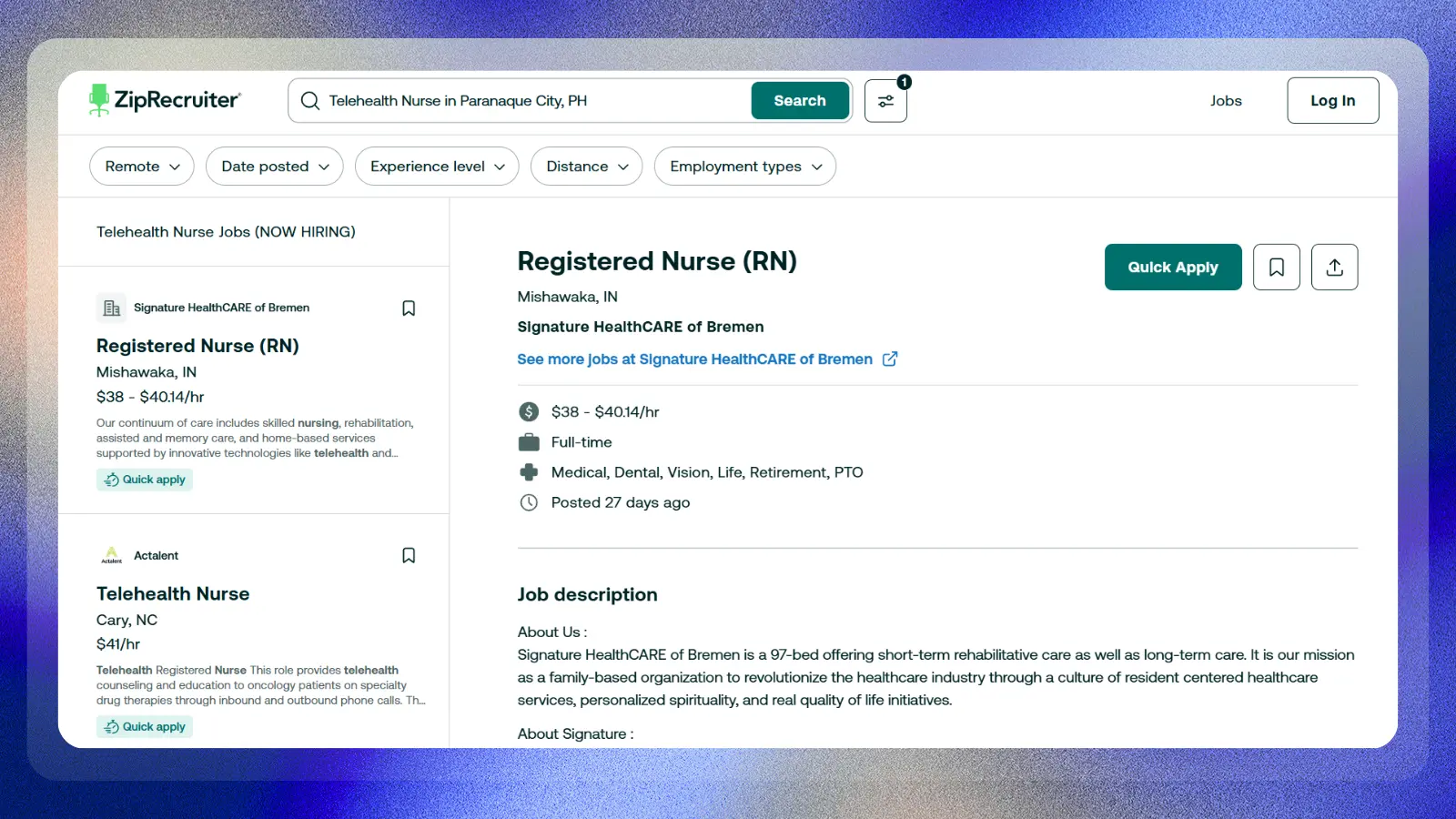 ziprecruiter website showing telehealth nurse job listings