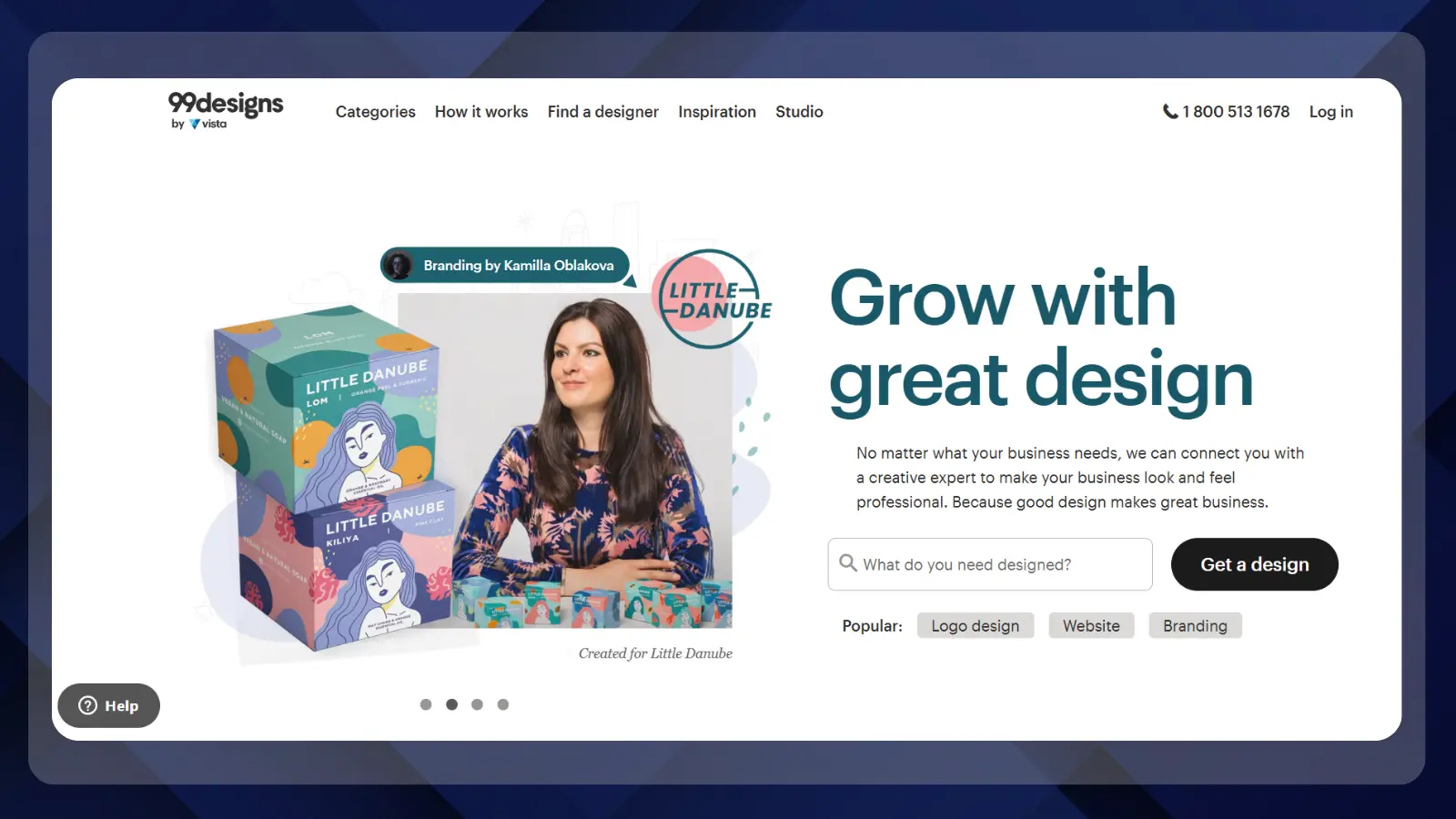99designs homepage promoting professional design services, featuring product packaging designs and a designer alongside a search field for design services