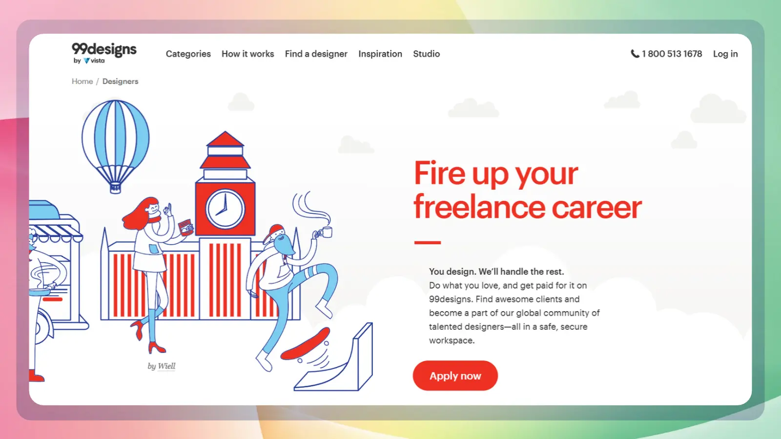 99designs page promoting freelance design careers, with illustrations and an invitation to find clients and apply