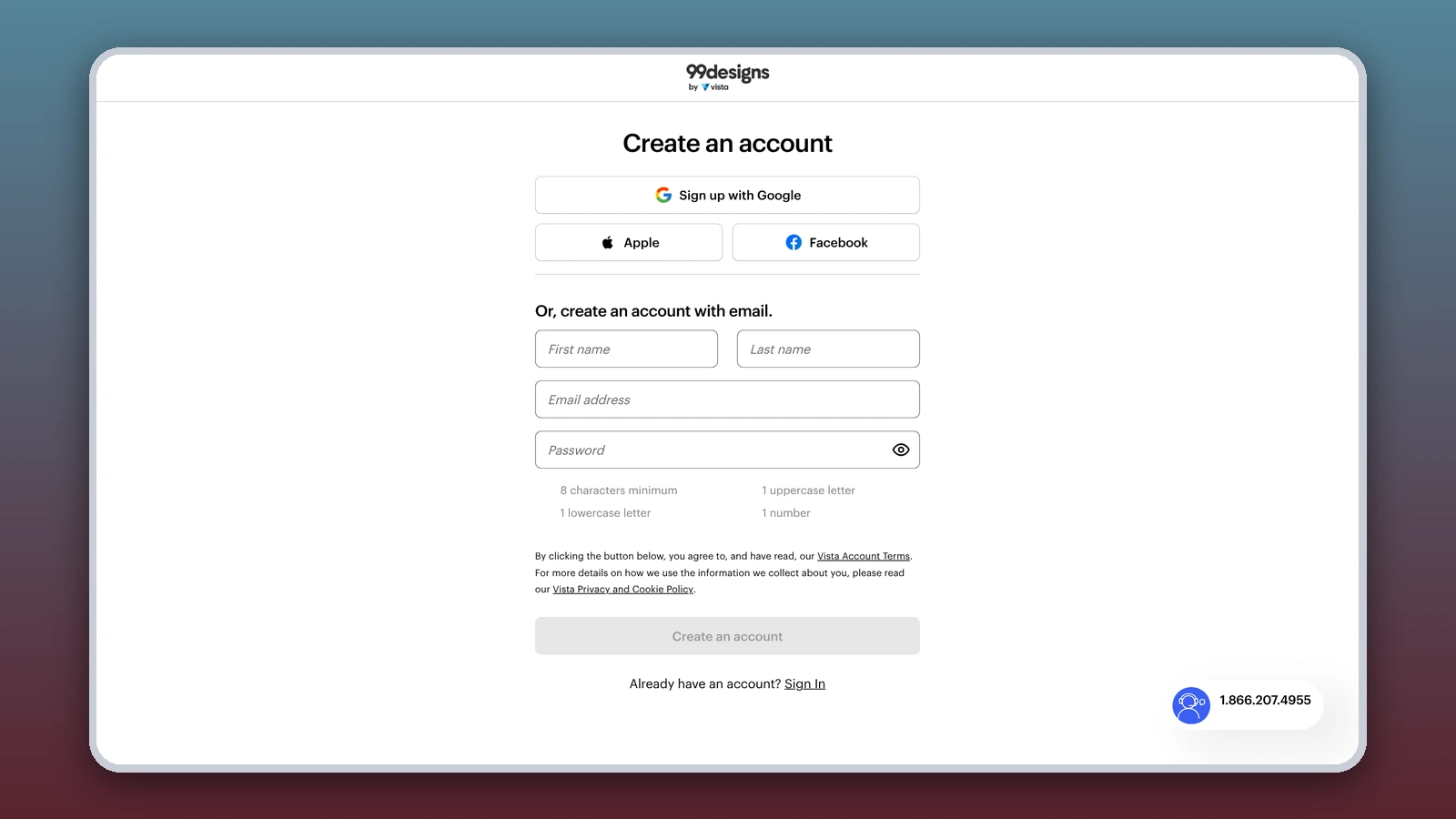 The 99designs sign-up page shows a “Create an account” form with Google, Apple and Facebook options