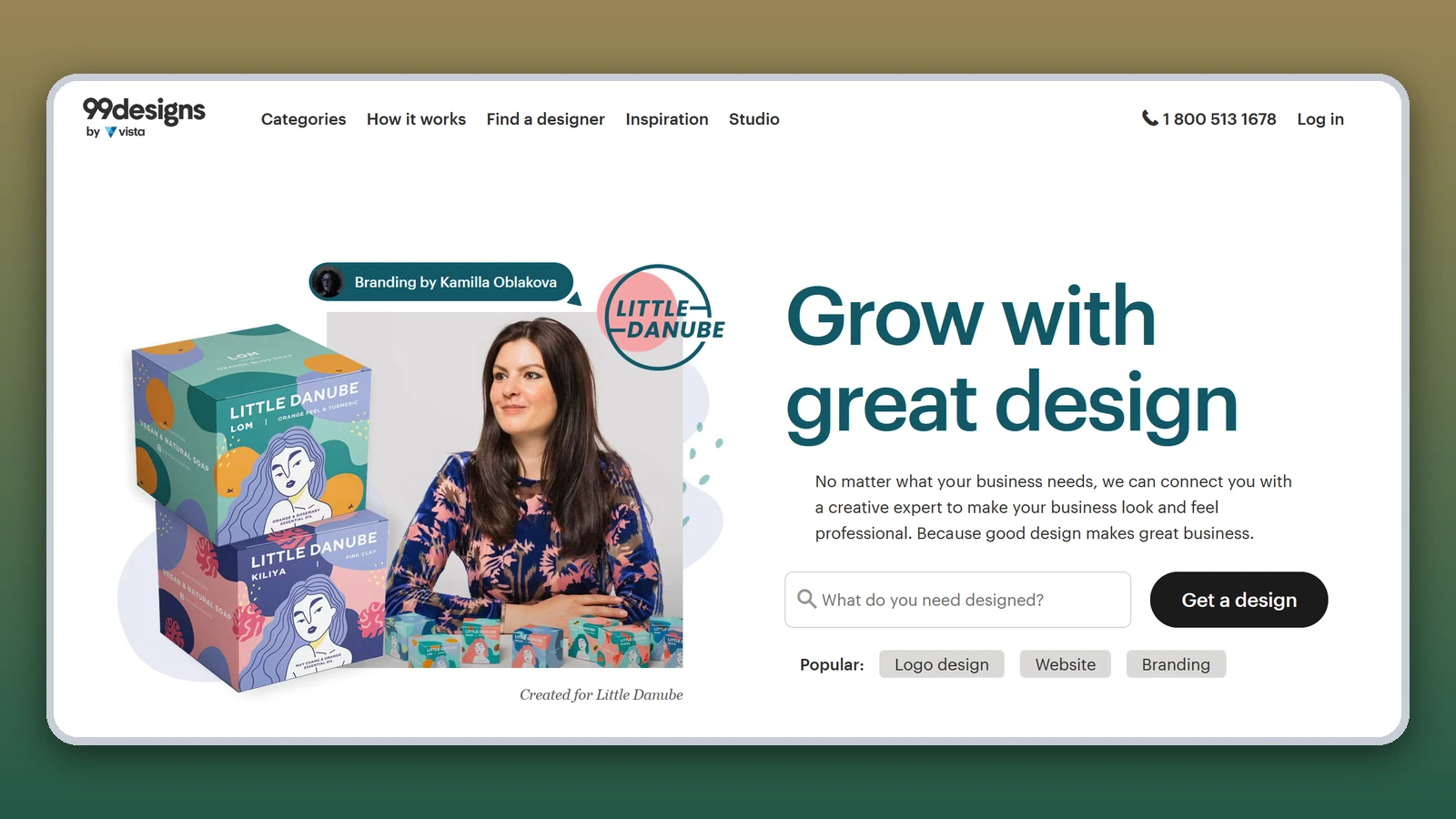 The 99designs homepage reads “Grow with great design” next to a woman and colorful Little Danube soap boxes made by a designer on the platform