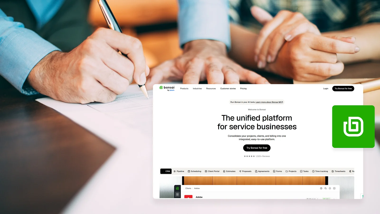 a man signing a contract, bonsai home page and logo
