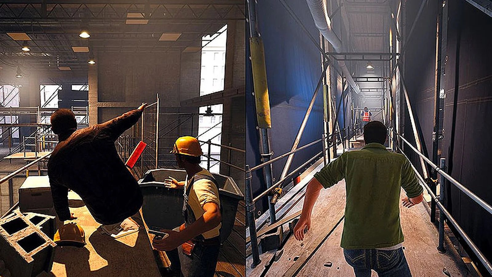 A Way Out split-screen with Leo escaping a construction site while Vincent runs along scaffolding