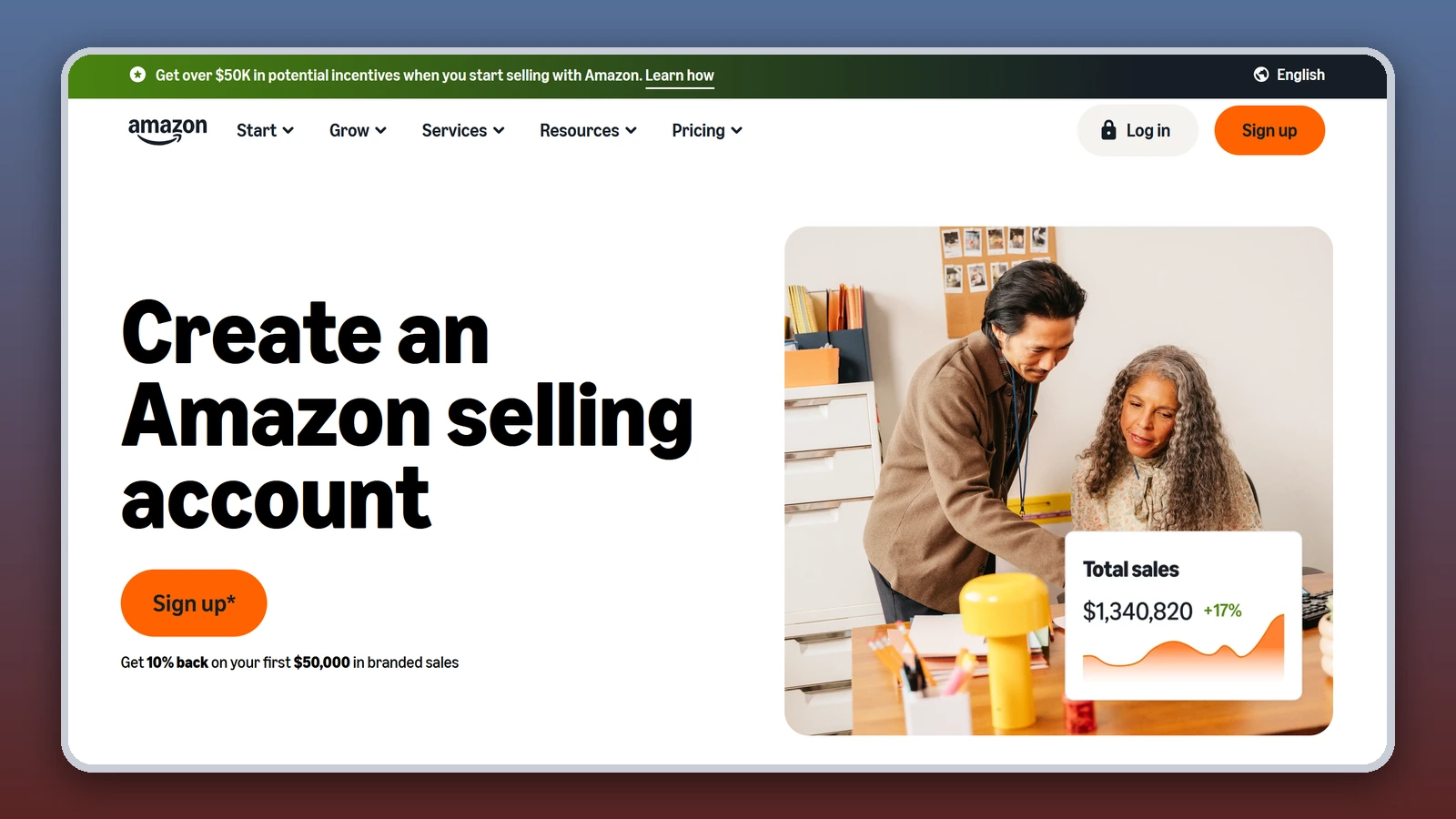 The Amazon seller page reads “Create an Amazon selling account” next to two coworkers at a desk with a total sales chart