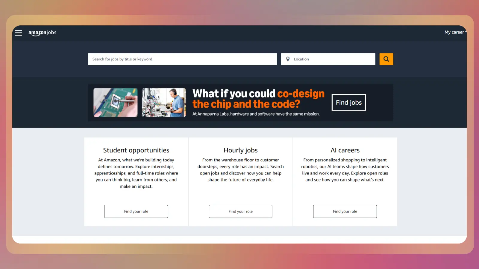 Amazon Jobs homepage showing a job search bar and sections for student opportunities, hourly jobs, and AI careers
