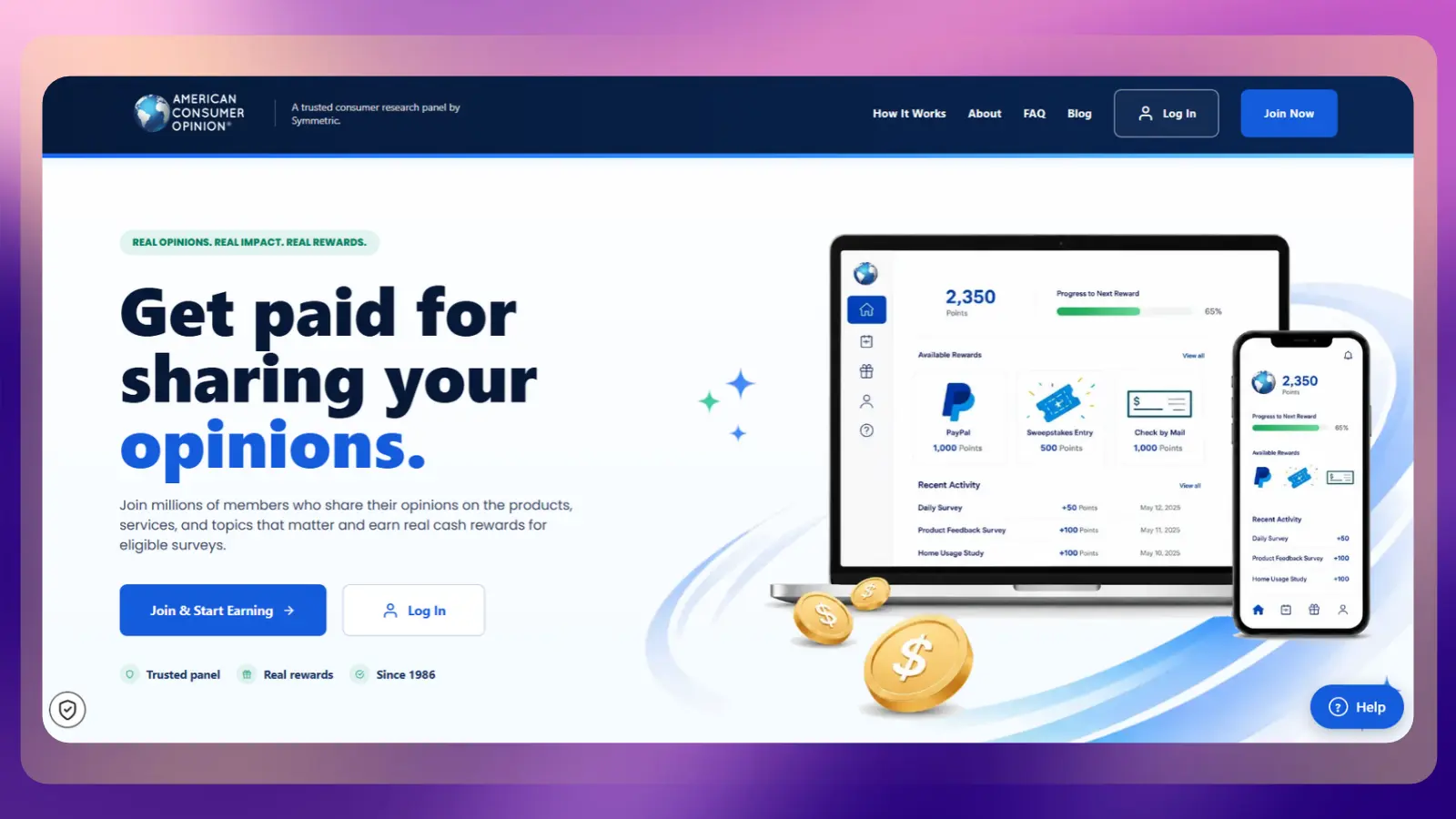 American Consumer Opinion homepage promoting paid surveys, with a computer and smartphone displaying points, survey activity, and reward options