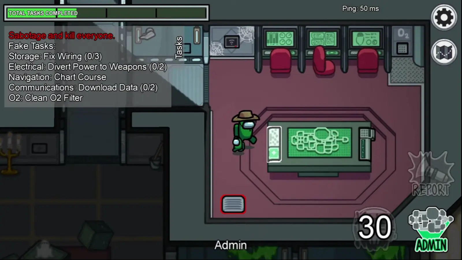 An Impostor standing in the Admin room with the sabotage and task interface visible