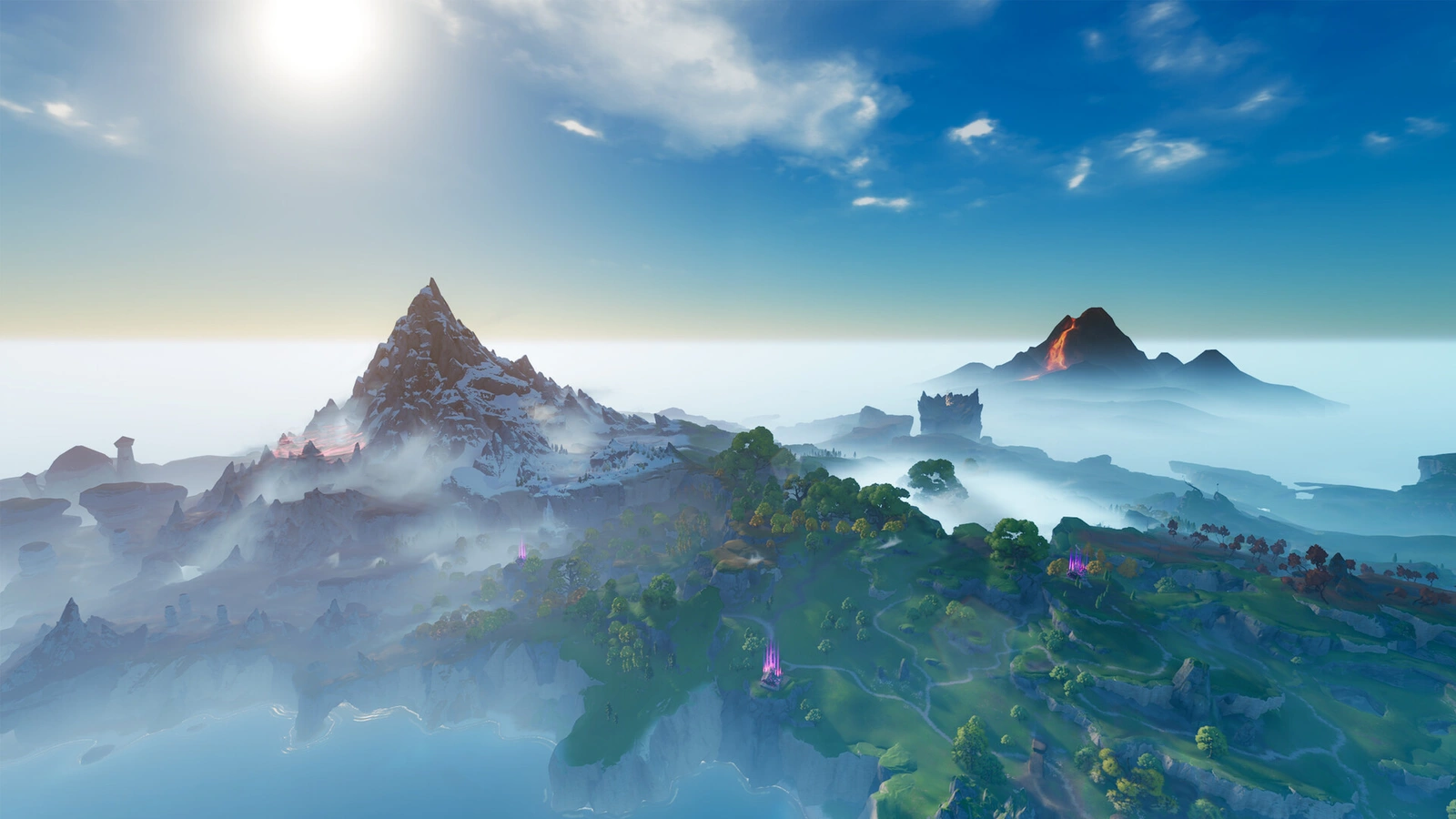 Aniimo foggy mountain island overview with volcano