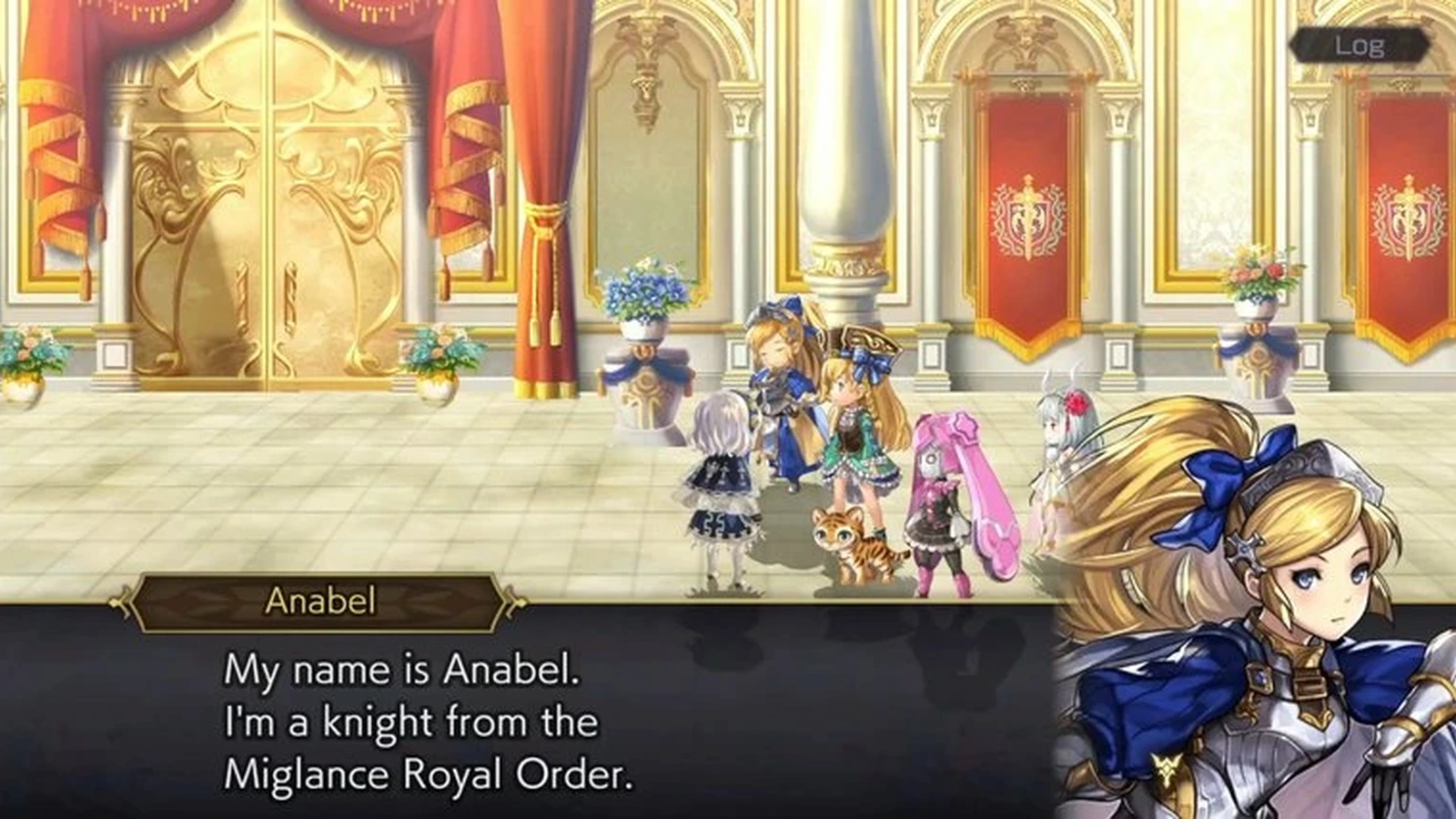 A party of chibi characters stands in a golden royal hall as the knight Anabel introduces herself in a dialogue box
