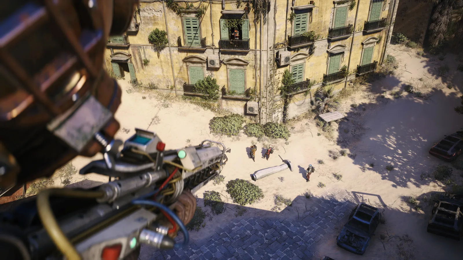 ARC Raiders rooftop overwatch of courtyard scavengers