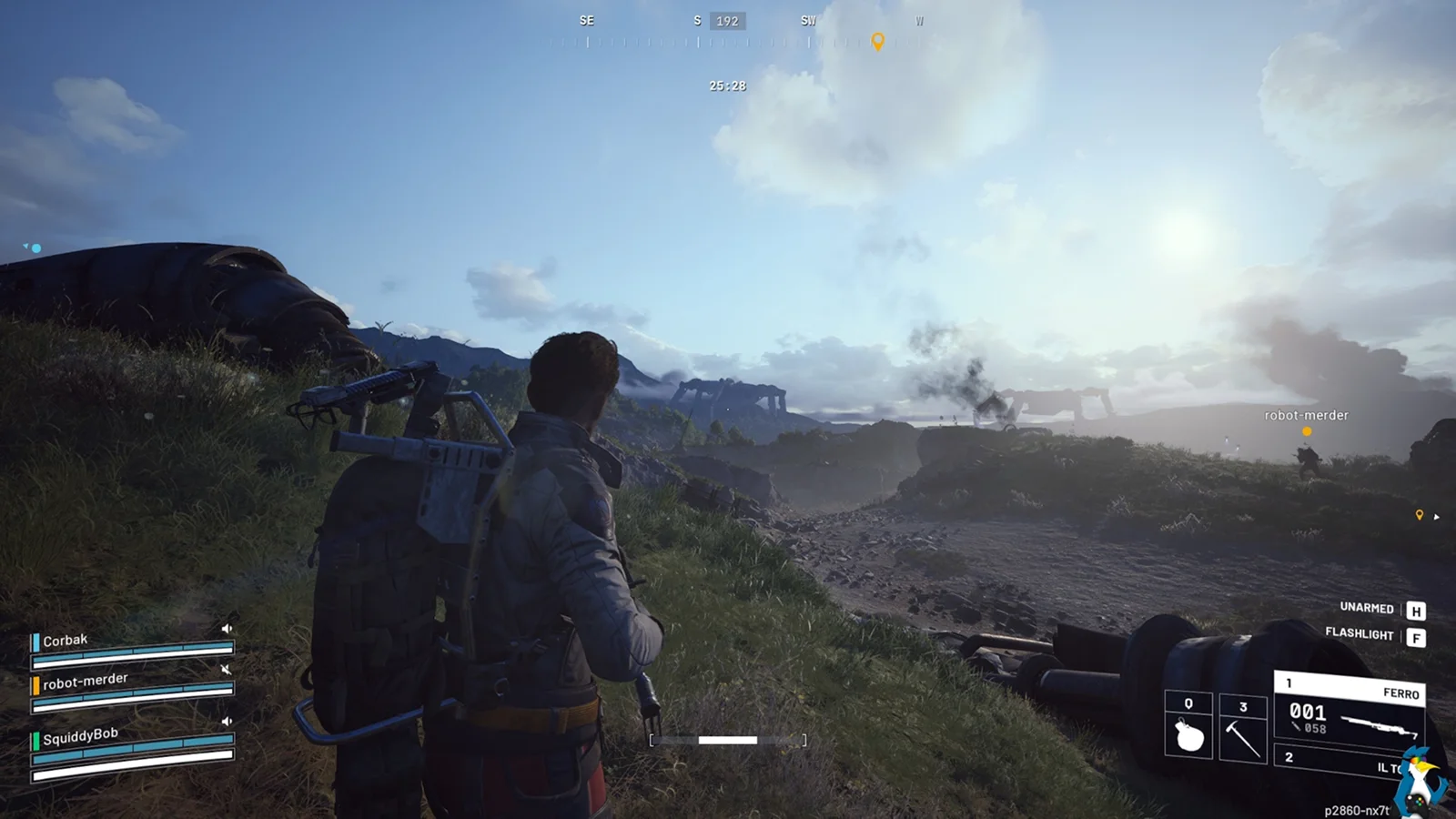ARC Raiders - Una visuale in terza persona di un sopravvissuto con uno zaino che osserva un paesaggio roccioso e devastato dalla guerra
