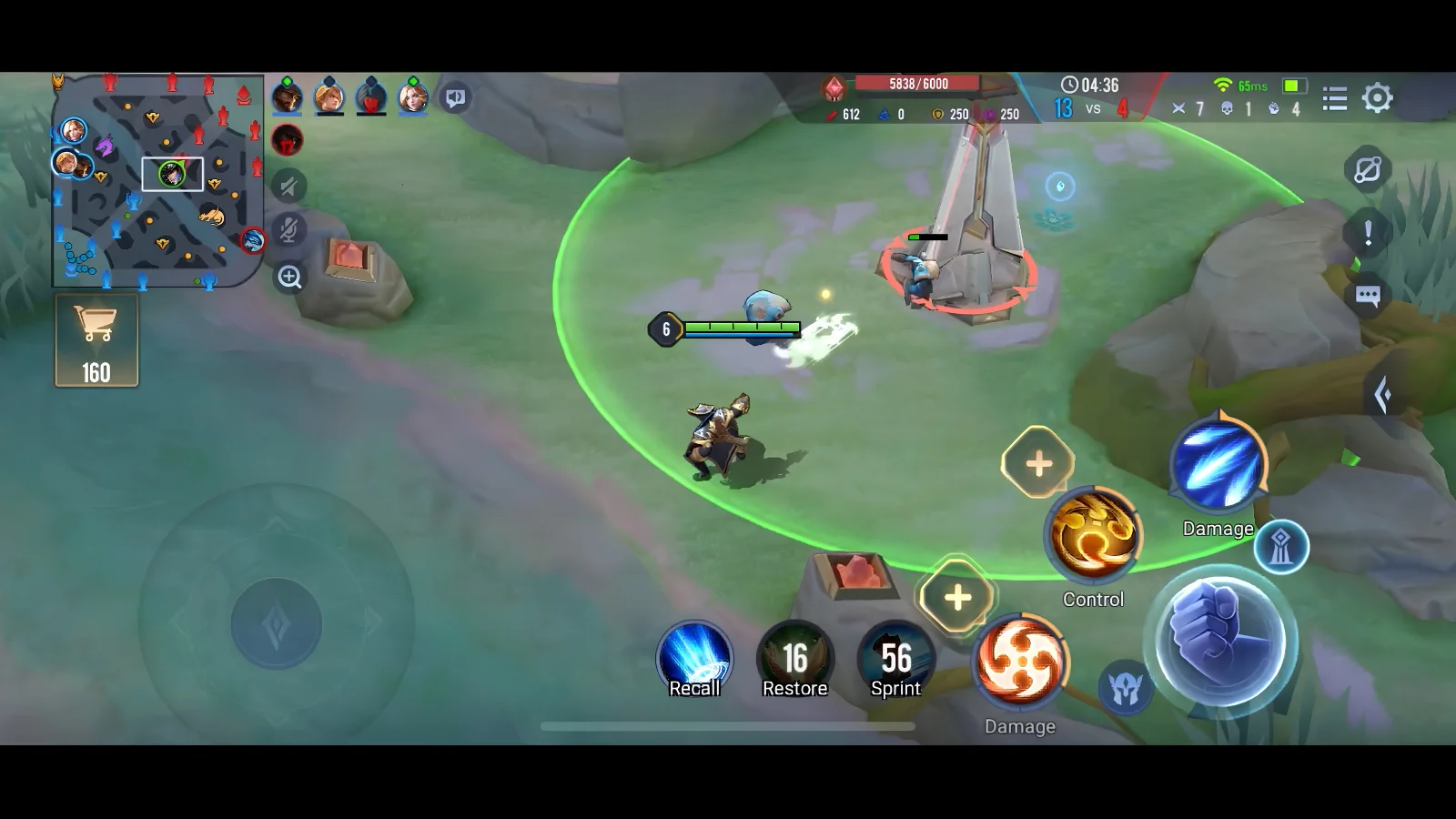 A hero character attacking an enemy tower.