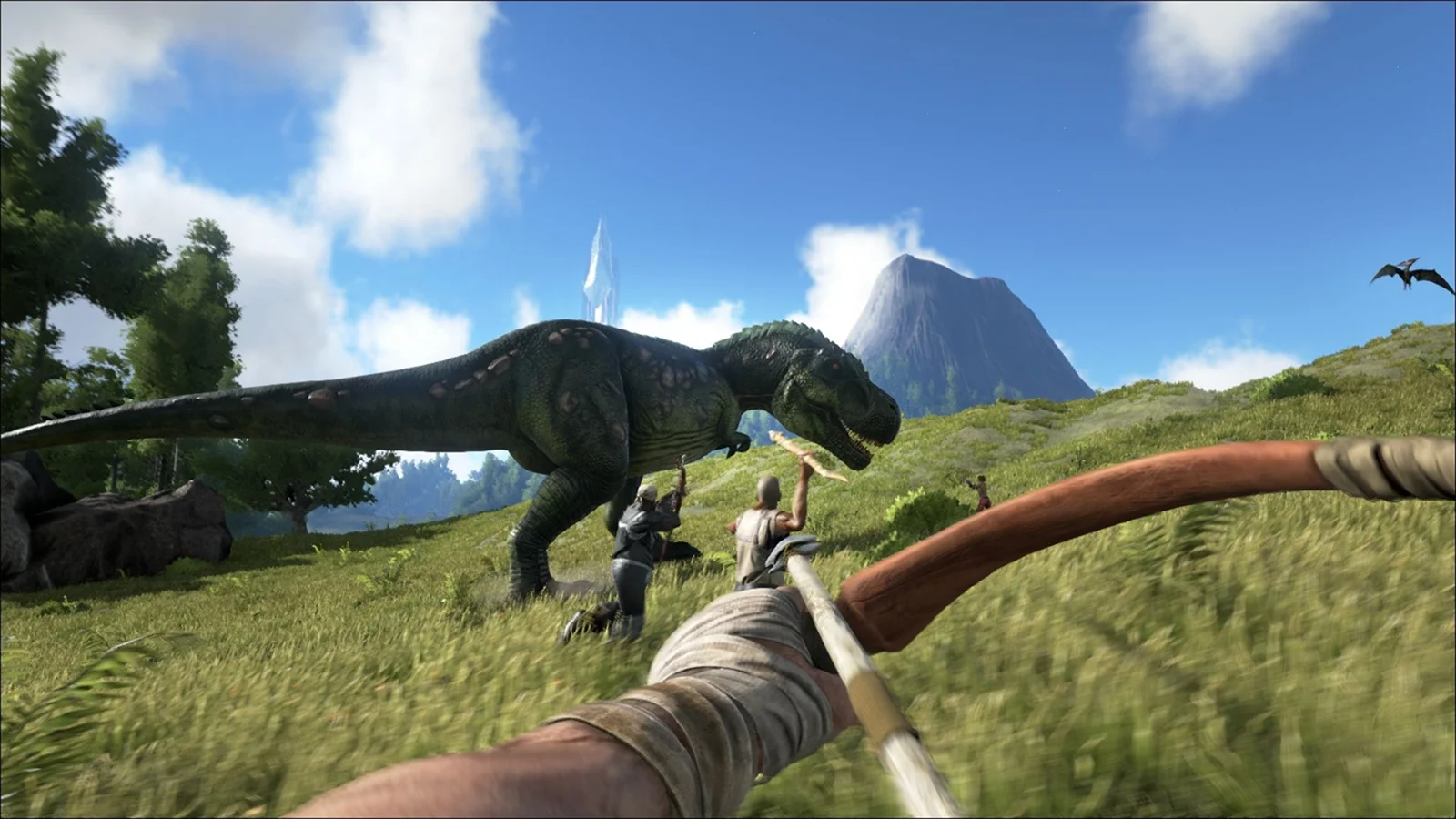 ARK: Survival Ascended - O melhor para domar criaturas - Uma perspetiva na primeira pessoa de uma personagem a apontar um arco a um grande Tiranossauro Rex