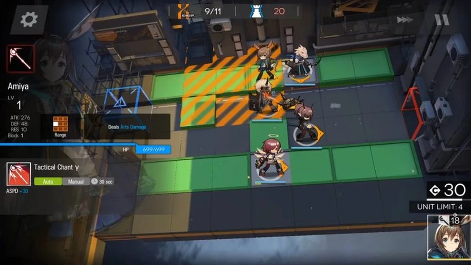 Operators are placed on a grid map during a tower defense stage, with Amiya’s stats and skill panel on the left
