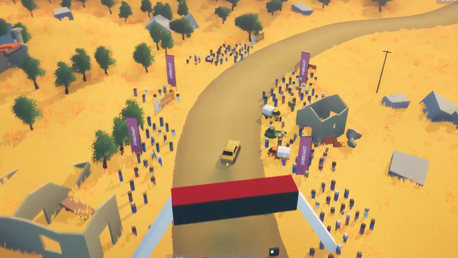 Stylized overhead view of a rally stage surrounded by spectators.