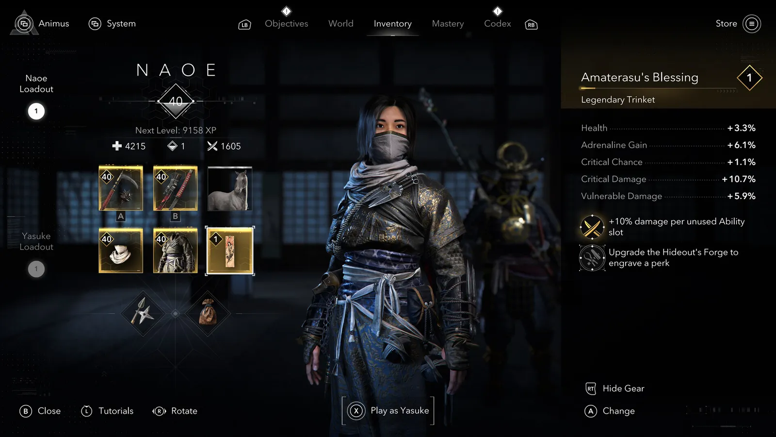 Assassin's Creed Shadows assassin s creed shadows naoe character inventory and gear screen