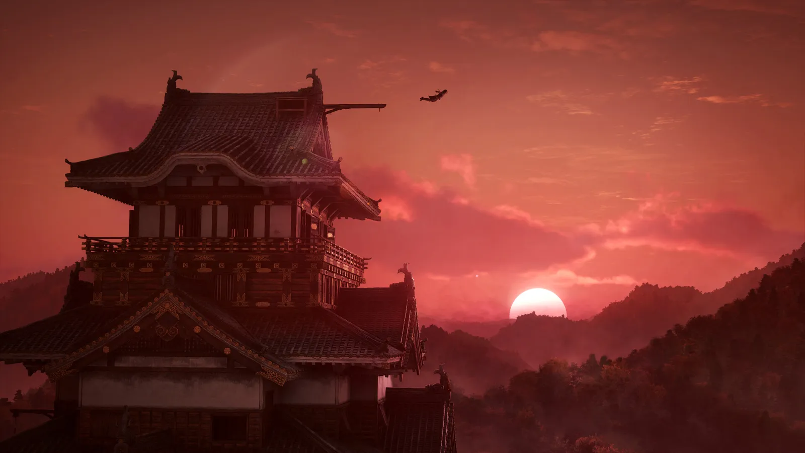 Assassin's Creed Shadows assassin s creed shadows ninja leaping past castle silhouette at red sunset