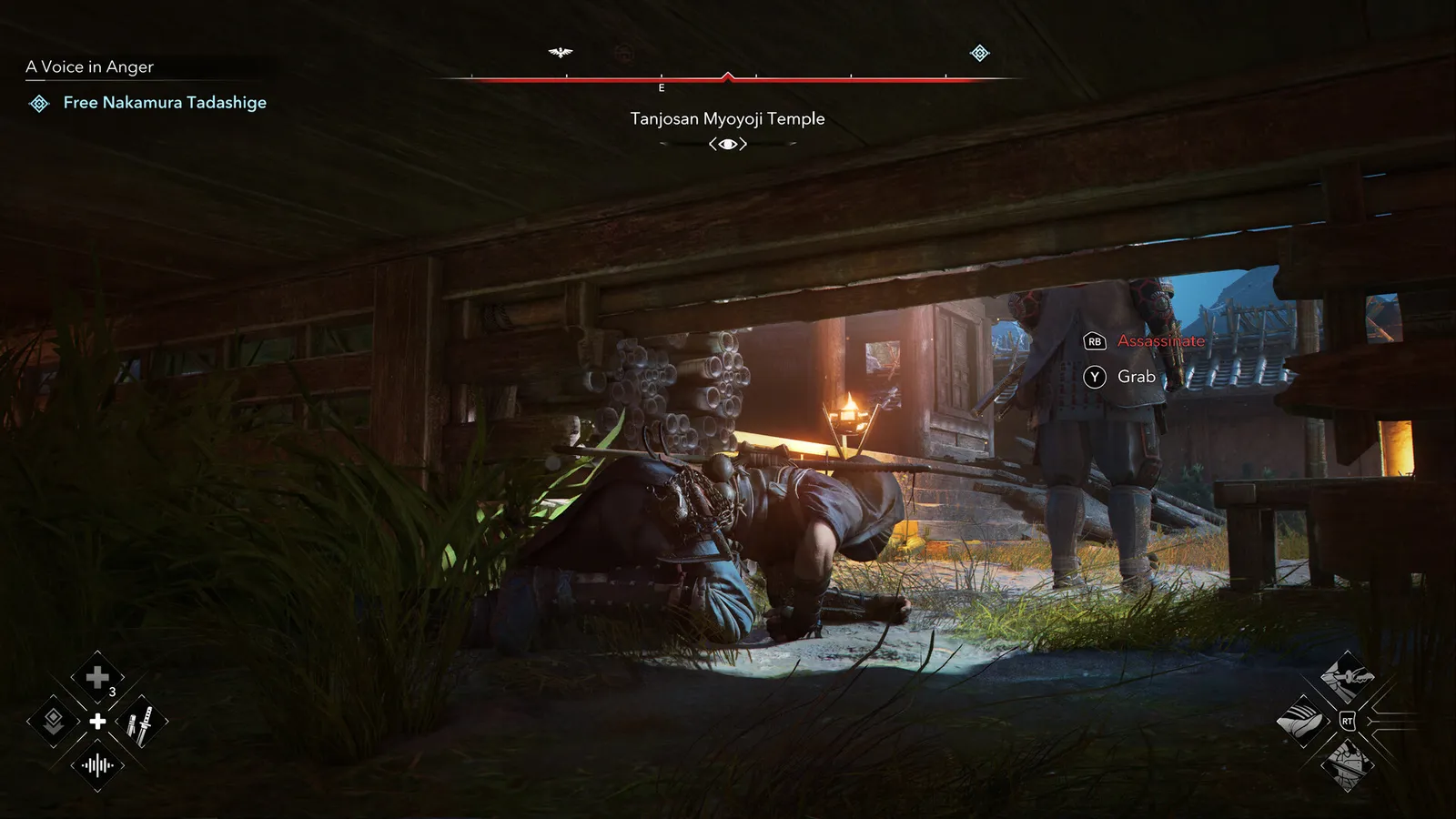 Assassin's Creed Shadows assassin s creed shadows stealth assassination prompt near temple guard