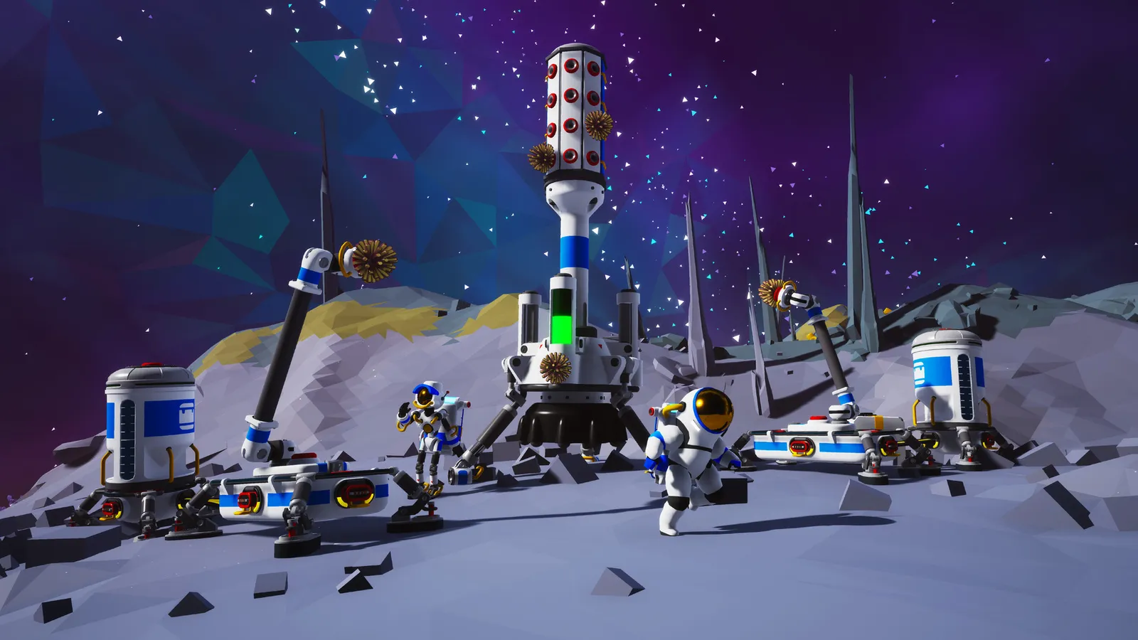 Astroneer astronaut base with rocket on gray moon