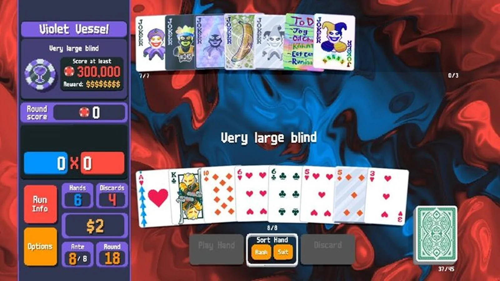 Un'interfaccia che mostra la mano di poker e il punteggio durante il gioco.