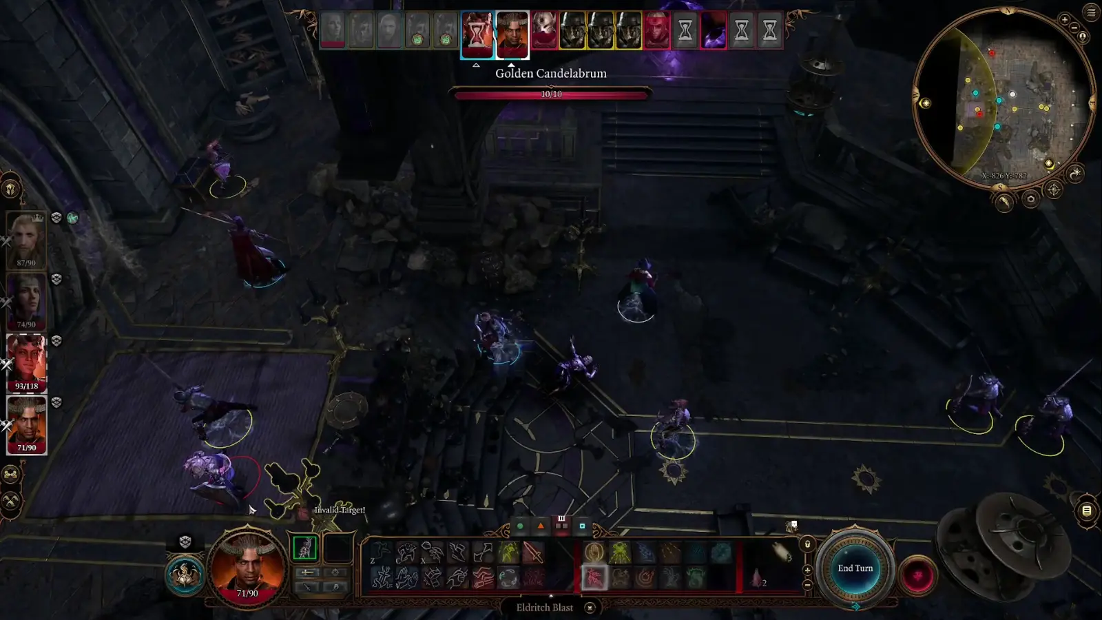Several characters fighting enemies inside a dark ruined interior