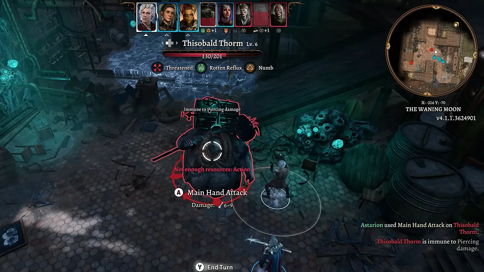 Baldur’s Gate 3 turn-based fight as Astarion attacks Thisobald Thorm in a dark tavern